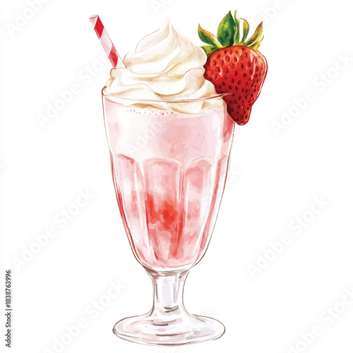 Strawberry milkshake in a tall glass with whipped cream and a straw.