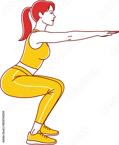 Athletic woman performing an effective bodyweight air squat exercise, improving strength and posture, as part of her dynamic fitness workout routine at home or gym.