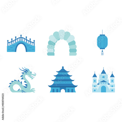 Winter fantasy landmark illustration set featuring icy castles bridges towers mythical creatures seasonal flat vector
