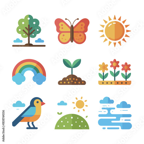 Nature landscape icon pack, trees butterflies rainbows birds, spring season celebration graphics, outdoor event illustration, flat vector