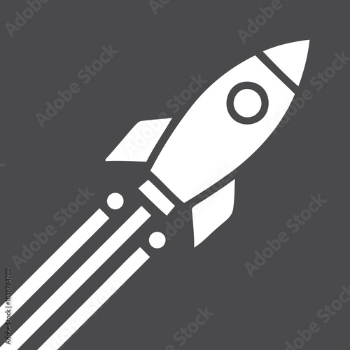 Simple white rocket ship taking off, stylized icon representing launch, speed, and startup, isolated on white