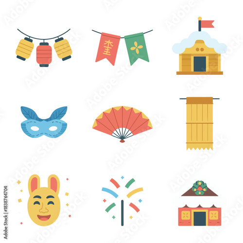 Cultural festival decoration icon set, lantern banners masks fans buildings, traditional celebration event symbols, colorful flat vector