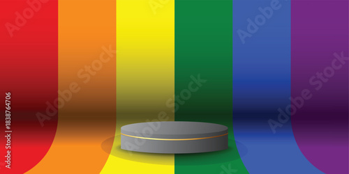 Podium display color, with LGBTQ flag background. Modern studio, wall scene fashion, stage podium scene with for Award Ceremony. 3D rendering.