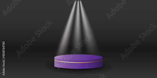 White spotlights on podium display color with black background. Modern studio, wall scene fashion, stage podium scene with for Award Ceremony. 3D rendering.