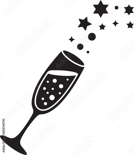 Black champagne glas with bubbles and stars celebration