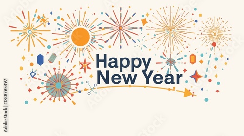 Vector illustration of a vibrant happy new year front design, featuring stylized flat fireworks elements in a celebratory arrangement, with bold lines