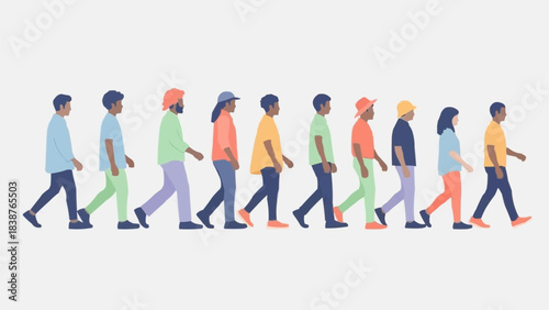 Diverse Group of People Walking Together in Colorful Clothes.