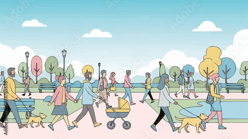 Diverse group of people walking and enjoying a park.