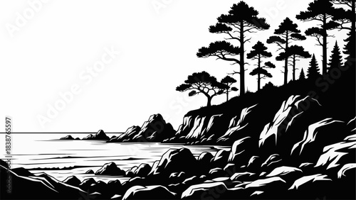 Rugged Coastal Landscape with Pine Trees and Rocky Shoreline.