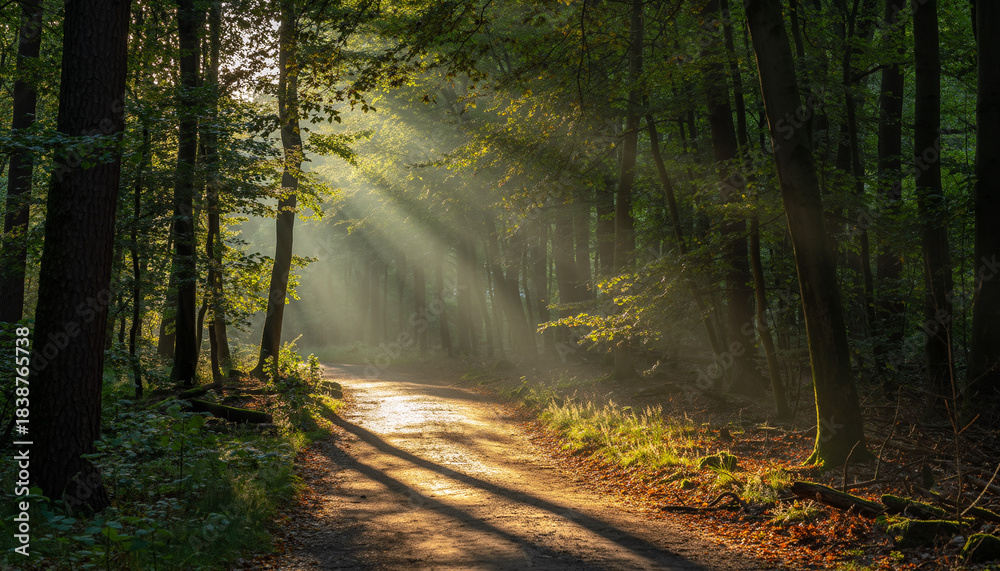 Fototapeta premium Serene Forest Path Illuminated by Sunbeams Nature Photography, Sunlight Through Trees, Woodland Road, Scenic Landscape, Environment