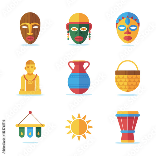 Community celebration illustration set, dancers masks food carts banners, festive cultural gathering event symbols, colorful flat vector