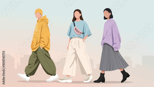 Three stylish young women walking in trendy casual outfits.