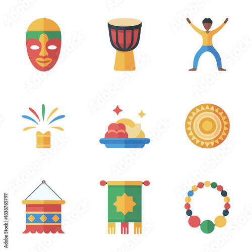 Cultural street fair illustration pack, dancers food stalls banners music, joyful heritage celebration symbols, clean flat vector design