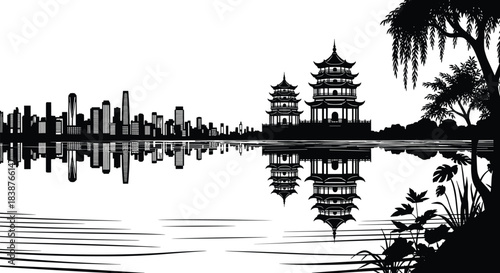 Black and white vector illustration of lakeside scene with East Asian pagoda and modern city skyline reflections in water