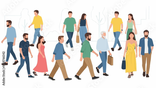 Diverse group of people walking in a crowd.