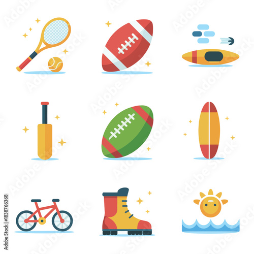 Outdoor sports icon set, balls rackets bicycle skates surfboard, active lifestyle celebration elements, modern flat vector illustration