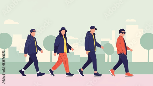 Group of Young People Walking Together in Urban Setting.