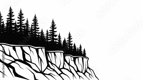 Black and white illustration of a steep cliff edge with pine trees.