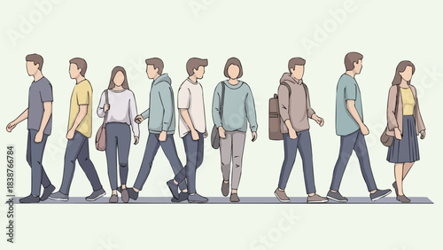 Diverse group of young adults walking in a line, showcasing various casual styles.