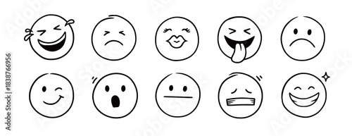 Face emoji icon set. Hand drawn doodle sketch style happy, angry, sad mood face emoticon background. Funny cartoon characters smile, wink, kiss emoji. Cute circle emotion element. Vector illustration