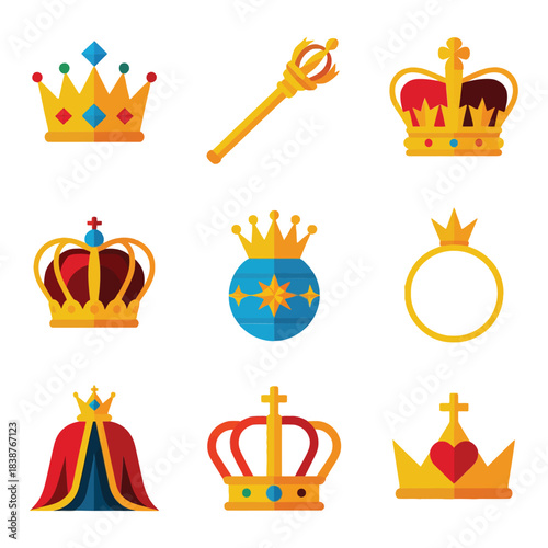 Majestic crown collection with royal symbols rings capes, heritage coronation event elements, refined flat vector illustration
