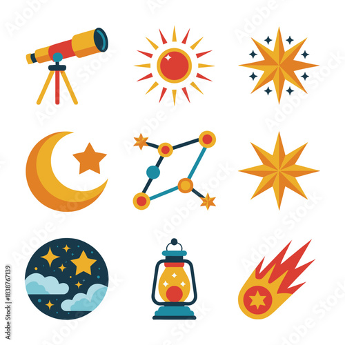 Celestial night sky illustration pack showing lanterns planets stars constellations, astronomy event celebration graphics, vibrant flat vector design