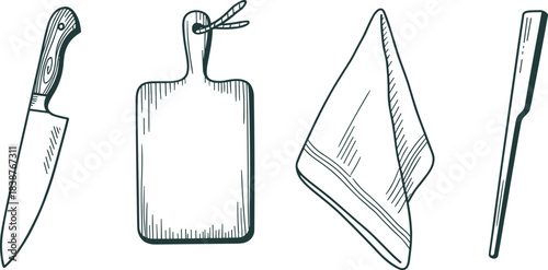 Hand drawn kitchen utensil illustration set with knife cutting board napkin and sharpening rod in simple black and white line art