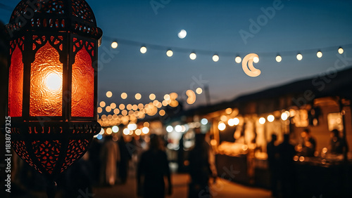 Illuminated Moroccan lantern at a bustling night market with string lights glowing