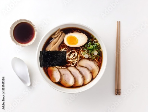A bowl of Japanese ramen topped with a soft-boiled egg, sliced beef.