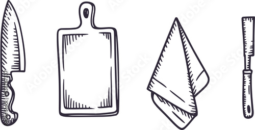 Hand drawn kitchen utensil illustration set with knife cutting board napkin and sharpening rod in simple black and white line art