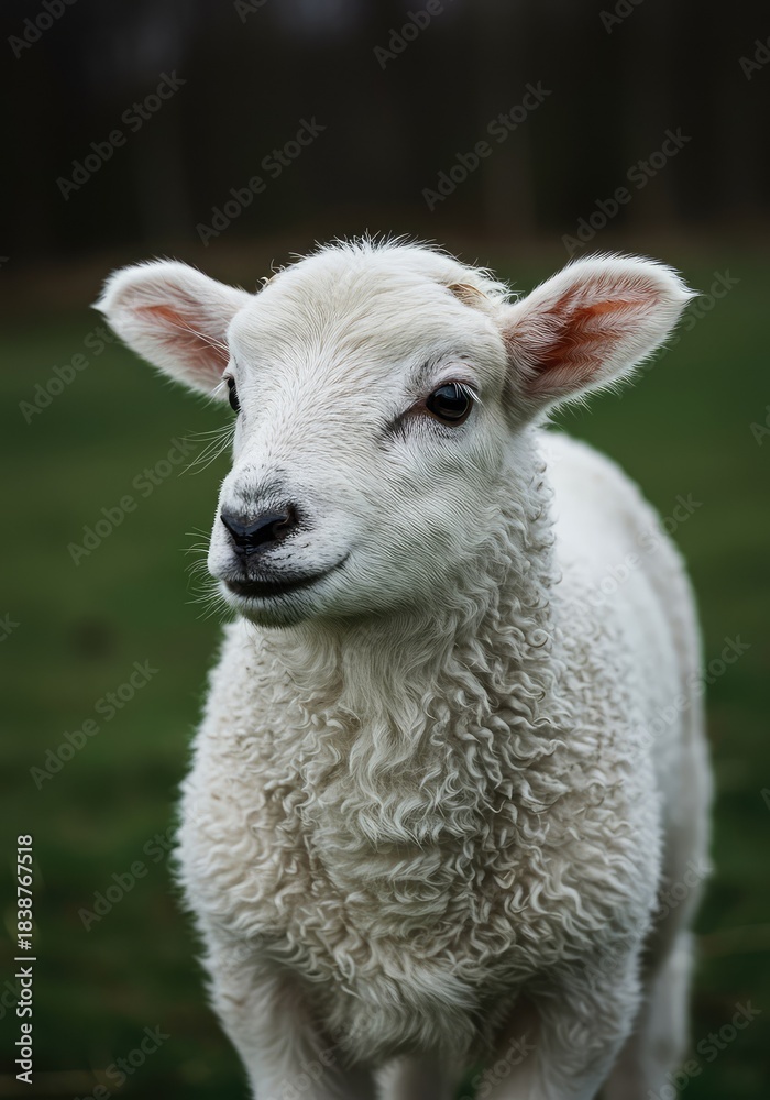 Naklejka premium Adorable close-up portrait of a young white lamb standing outdoors, showcasing its exceptionally thick, soft, and tightly curled wool fleece texture ,soft ,texture ,woolly
