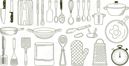 Hand drawn kitchen utensil illustration set with pots spoons knives pan colander grater measuring cup rolling pin and cooking accessories