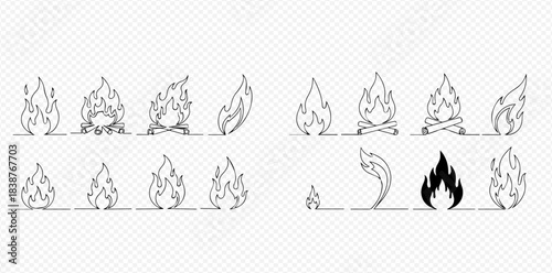 Set of continuous line art drawings of various fire flames and bonfires, perfect for graphic design elements.