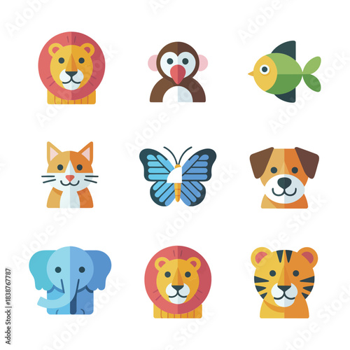 Charming cartoon animal collection, bright wildlife pet illustrations set for kids apps school projects and creative branding