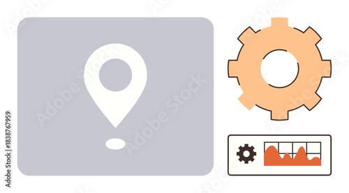 White location pin, orange gear, and small graph monitor with performance chart. Ideal for strategy, technology, efficiency, analytics, navigation, planning operations simple flat metaphor