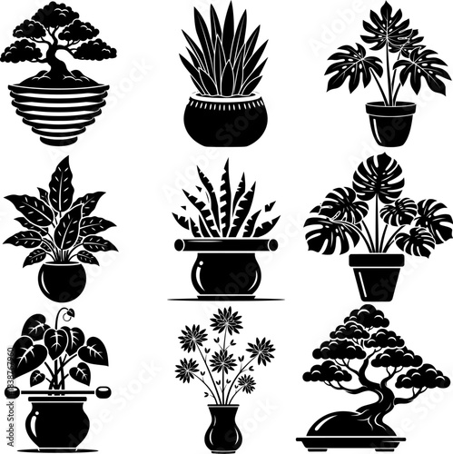 Indoor Plants and Flowers Collection Icons: Monstera, Sansevieria, Peace Lily, and Floral Arrangements