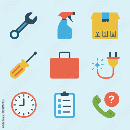 Technical support and maintenance service icons, wrench spray toolbox timer checklist phone assistance vector collection