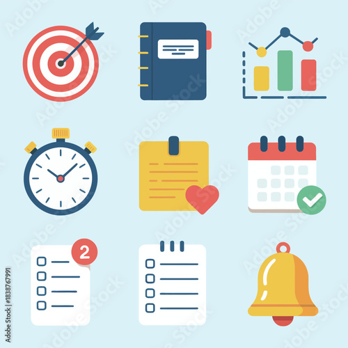 Work efficiency and operations management icon set, tools documents schedules targets performance vector illustrations