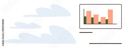 Bar graph with pink and green bars displayed on a monitor beside minimal cloud design. Ideal for data visualization, analytics, performance insights, technology, cloud computing, finance