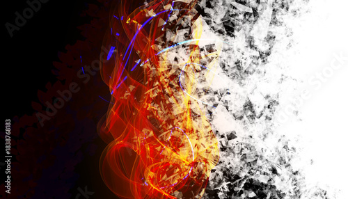 Flammes de couleurs désagrégées sur fond blanc.