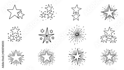 Collection of Hand Drawn Star Icons and Shapes, Festive Doodles for Design