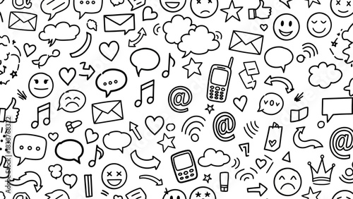 Doodle Social Media Icons and Symbols Seamless Pattern, Communication and Technology