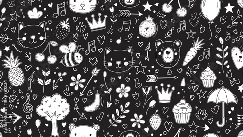 Hand Drawn Seamless Pattern with Cute Doodles on Black Background