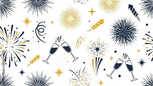 Seamless Pattern of Festive Fireworks, Champagne Glasses, and Party Crackers for Celebrations