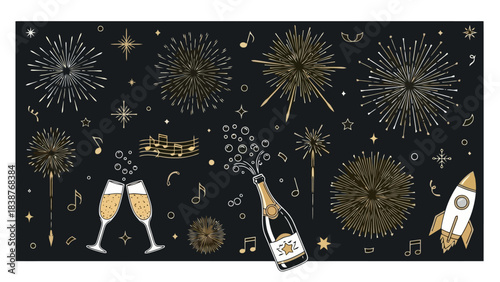 Festive Celebration Elements: Fireworks, Champagne, Music Notes, and Rocket