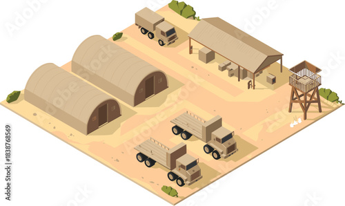 Military base camp with tents, trucks, watchtower, and storage shed in desert, isometric view, vector illustration