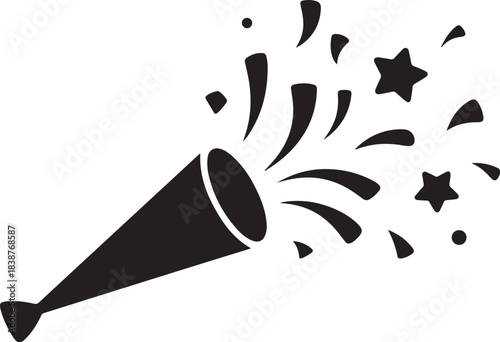 Black party popper exploding confetti and stars explosion