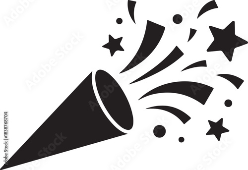 Black party popper exploding confetti stars and circles