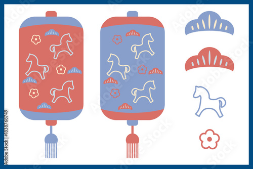 Happy new year.Horse Zodiac and flower Asian lantern light decoration clipart.Lunar Chinese or Japan festival tradition culture ornaments.Illustration design for happy holiday, celebration,print deco