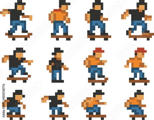 skaters with pixel art, eps 10 illustration